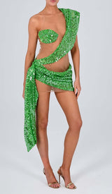 SEQUIN DRAPE MESH MINI DRESS IN EMERALD DRESS STYLE OF CB