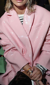 SEQUINED DOUBLE BREASTED LONG BLAZER IN PINK styleofcb