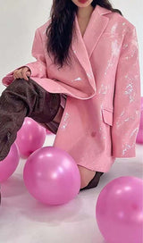 SEQUINED DOUBLE BREASTED LONG BLAZER IN PINK styleofcb