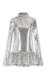 SEQUIN RUFFLE MINI DRESS IN METALLIC SILVER DRESS STYLE OF CB