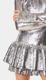 SEQUIN RUFFLE MINI DRESS IN METALLIC SILVER DRESS STYLE OF CB