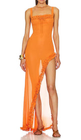 SHEER RUFFLED MAXI DRESS IN ORANGE DRESS styleofcb