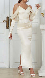 SILK COLD SHOULDER MIDI DRESS IN APRICOT DRESS STYLE OF CB
