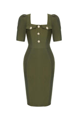 SQUARE COLLAR BUTTON MIDI DRESS IN OLIVE GREEN DRESS sis label