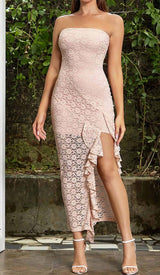 STRAPPY RUFFLE DETAIL MIDI DRESS IN PINK DRESS styleofcb