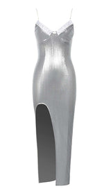 STRAPPY SPILT MIDI DRESS IN METALLIC SILVER DRESS STYLE OF CB