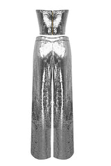 STRAPLESS SILVER SEQUIN TOP PANTS TWO PIECE SET BODYSUITS & JUMPSUITS Oh CICI