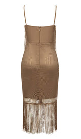 TASSEL MESH MIDI DRESS IN BROWN DRESS STYLE OF CB