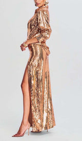 THIGH SLIT GLITTER MAXI DRESS IN METALLIC GOLD DRESS sis label