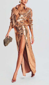 THIGH SLIT GLITTER MAXI DRESS IN METALLIC GOLD DRESS sis label