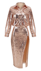 THIGH SLIT GLITTER MAXI DRESS IN METALLIC GOLD DRESS sis label