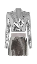SEQUIN SHORT TWO PIECES SUIT IN SLIVER styleofcb