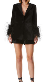 VELVET FEATHER-TRIM JACKET IN BLACK DRESS STYLE OF CB