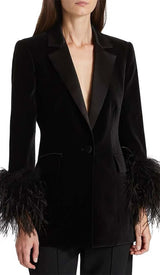 VELVET FEATHER-TRIM JACKET IN BLACK DRESS STYLE OF CB