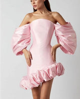 PUFF ASYMMETRIC MINI DRESS IN PINK styleofcb