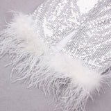 SEQUIN FEATHER MIDI DRESS IN WHITE styleofcb