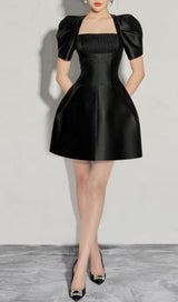 SQUARE NECK PUFF SLEEVE DRESS IN BLACK styleofcb