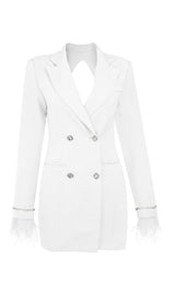 QUILLA WHITE FEATHER CRYSTAL SLEEVE BACKLESS BLAZER DRESS styleofcb