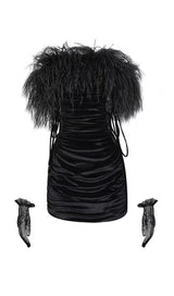 VELVET OFF-SHOULDER FEATHER MINI DRESS IN BLACK styleofcb