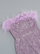 SEQUIN FEATHER STRAPLESS MINI DRESS IN PURPLE styleofcb