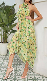 FLORAL PRINT HEM HALTER DRESS IN GREEN DRESS STYLE OF CB