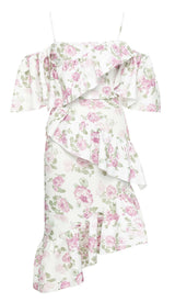 FLORAL-PRINT RUFFLE BANDEAU MIDI DRESS IN WHITE DRESS STYLE OF CB