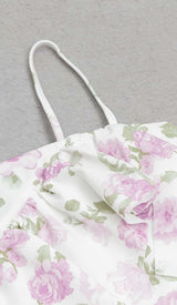 FLORAL-PRINT RUFFLE BANDEAU MIDI DRESS IN WHITE DRESS STYLE OF CB