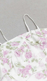 FLORAL-PRINT RUFFLE BANDEAU MIDI DRESS IN WHITE DRESS STYLE OF CB
