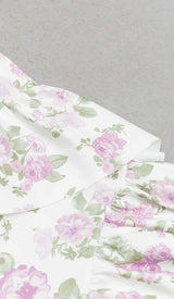 FLORAL-PRINT RUFFLE BANDEAU MIDI DRESS IN WHITE DRESS STYLE OF CB