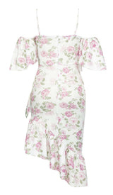 FLORAL-PRINT RUFFLE BANDEAU MIDI DRESS IN WHITE DRESS STYLE OF CB