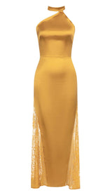 HALTER LACE SATIN MAXI DRESS IN MUSTARD DRESS STYLE OF CB
