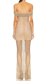 RHINESTONE OFF SHOULDER FISHNET MAXI DRESS IN BROWN DRESS STYLE OF CB
