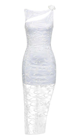 ROSE-EMBELLISHED LACE MIDI DRESS IN WHITE DRESS STYLE OF CB
