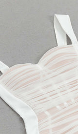 RUCHED BUSTIER MESH MIDI DRESS IN WHITE DRESS STYLE OF CB