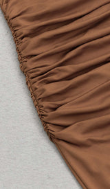 RUCHED SATIN MIDI DRESS IN BROWN DRESS STYLE OF CB
