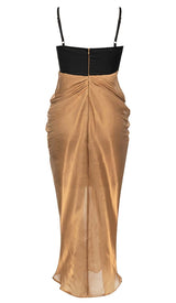 RUCHED STRAPPY MIDI DRESS IN BROWN DRESS STYLE OF CB