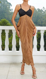 RUCHED STRAPPY MIDI DRESS IN BROWN DRESS STYLE OF CB