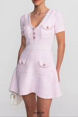 sandra Textured Mini Dress With V-Neckline And Jewel Buttons - Pink