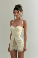 lorraine White Satin Mini Dress with Lace Panels