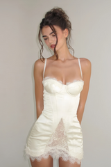 lorraine White Satin Mini Dress with Lace Panels
