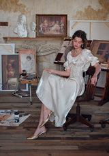 Square neck puff sleeve lace satin maxi dress - white