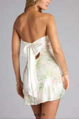 diana Floral Sequin Bow Back Mini Dress in white