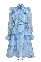 janice blue Print Ruffle Lace-Up Mini Dress