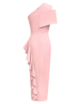 DIAGONAL SHOULDER PLEATED SLIT RUFFLED DRESS IN PINK