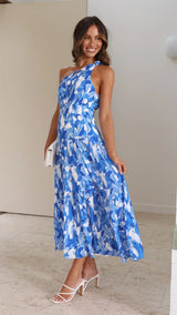 vivien one-shoulder Floral printed midi dress - blue