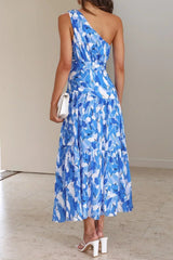 vivien one-shoulder Floral printed midi dress - blue