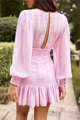 Lantern sleeve deep V-neck hollowed-out mini dress - pink