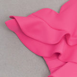 OFF SHOULDER RUFFLE TRIM BODYCON GOWN IN PINK