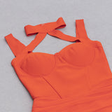 MESH RUCHED MIDI DRESS IN ORANGE