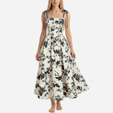 Smocked Floral Square Neck A-line Midi Dress